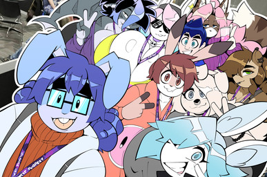 anthro big_breasts breasts cleavage clothed clothing female fur group huge_breasts male multicolored_body selfie white_body white_fur thiccbuns char_(nonarycubed) pb_(theycallhimcake) tristan_(bluebunboi) aquatic canid canine canis domestic_dog fish human lagomorph leporid mallkin mammal rabbit shark digital_drawing_(artwork) digital_media_(artwork) draw_over hi_res busty_boy_(lore)