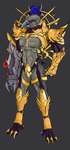 abs anthro arm_cannon armor athletic athletic_male clothing crotch_plate feather_markings feathers feet fur fur_markings gauntlets gloves gold_(metal) gold_armor gorget greaves grey_background grey_body handwear male markings muscular muscular_male pauldron red_eyes simple_background solo standing talons toes unconvincing_armor molagboop metroid nintendo raven_beak alien avian chozo 2022 digital_media_(artwork) hi_res