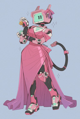ambiguous_gender cable clothed clothing d20 dice dress female for_a_head machine pink_clothing pink_dress pose simple_background solo tail auveiss aveline_(auveiss) animal_humanoid humanoid robot 2025 absurd_res digital_media_(artwork) hi_res