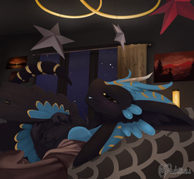 anthro bed bedding bedroom_eyes black_body black_feathers black_sclera black_wings blanket blinking blue_body blue_feathers blue_wings curtains_open ear_markings facial_markings feather_hair feather_hair_ornament feather_markings feathers female forehead_markings furniture furniture_lamp head_markings holding_chest licking looking_at_viewer lying lying_on_bed markings narrowed_eyes neck_tuft on_back on_bed painting_(object) pseudo_hair seductive solo star star_ornament tail tail_markings tongue tuft window wings yellow_eyes yellow_markings rukiiuu_(artist) eili_(k'braid) avali animated animated_png short_playtime