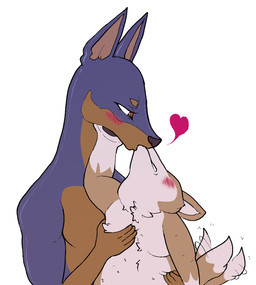 anthro black_body black_fur blush brown_body brown_fur duo fur heart_symbol kiss_on_lips kissing larger_male love male male/male moobs romantic romantic_couple size_difference slightly_chubby slightly_muscular smaller_male tail tail_motion tailwag alekoin cory_(alekoi) dobie_(alekoi) hi_res