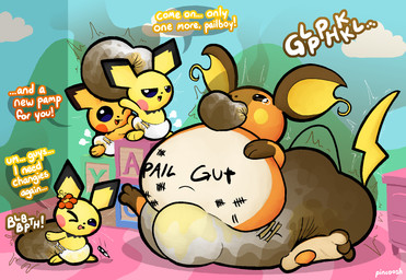 ambiguous_gender anthro belly belly_expansion big_belly biped bodily_fluids body_writing bulge clothed clothing daycare dialogue diaper diaper_bulge dirty_talk eating_diaper eating_feces excessive_feces expansion feces feces_in_mouth feederism feet flower_accessory genital_fluids group happy male marker one_eye_closed open_mouth open_smile pooping scatplay smile soiled_diaper soiling soiling_diaper sound_effects speech_bubble stink_fumes tail tally_marks tears text tongue unclean_diaper urine used_diaper using_diaper vowelless vowelless_sound_effect wearing_diaper wet_diaper wetting wetting_diaper young pincoosh nintendo pokemon generation_1_pokemon generation_2_pokemon pichu pokemon_(species) raichu shiny_pokemon absurd_res artist_name digital_media_(artwork) hi_res