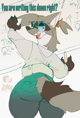 anthro band_(marking) banded_tail big_butt black_body black_fur braces butt chalk chalkboard claws clothed clothing dialogue equation eyewear female fur glasses grey_body grey_fur hair looking_at_viewer looking_back markings nerd open_mouth solo tail tail_markings text tied_hair white_body white_fur amber-calliope mammal procyonid raccoon english_text hi_res signature