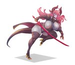 action_pose anthro big_breasts blue_eyes breasts butt butt_from_the_front clothed clothing curvy_figure female footwear hair high_heels holding_melee_weapon holding_object holding_sword holding_weapon horn huge_breasts jewelry long_hair looking_at_viewer melee_weapon nipple_outline on_one_leg pink_hair pose running shoes skimpy skindentation smile solo squish standing sword tail tail_sock thick_tail thick_thighs thigh_squish underwear voluptuous weapon wide_hips yellow_clothing yellow_footwear yellow_high_heels corablue mythology elizabeth_(girlsay) dragon mythological_creature mythological_scalie scalie absurd_res digital_media_(artwork) hi_res