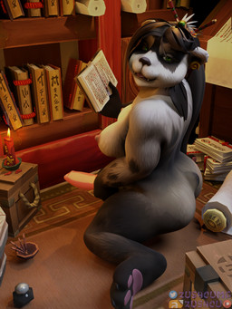 animal_genitalia animal_penis anthro black_body black_fur black_hair book breasts butt candle canine_genitalia canine_penis chopsticks curvy_figure fur genitals green_eyes gynomorph hair incense intersex jewelry masturbation penis scroll solo thick_thighs tongue tongue_out wide_hips zushou blizzard_entertainment warcraft bear mammal pandaren 3d_(artwork) absurd_res digital_media_(artwork) hi_res