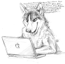 ambiguous_gender anthro computer electronics fur laptop looking_at_computer looking_at_laptop looking_at_object looking_at_porn pointy_ears pornography prick_ears simple_background text tongue tongue_out white_background blotch apple_inc. scratches_volume_6 canid canine mammal 2012 english_text monochrome traditional_media_(artwork)