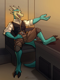 anthro belt belt_pouch blue_body bottomwear chair claws clothed clothing foot_on_table furniture head_spikes hooves horn lizard_tail male open_mouth pants shirt simple_background sitting solo spikes spikes_(anatomy) table tail tan_body teeth tongue topwear vest yellow_eyes cynicalstarr epic_games levitating_pizza unreal_(series) rammaris_(maaarked_one) alien gen_mo'kai lizard reptile scalie digital_media_(artwork) hi_res signature