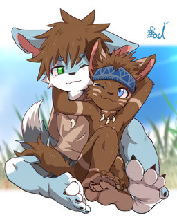 4_toes accessory anthro asian_clothing barefoot bent_legs black_bottomwear black_clothing black_shorts blue_body blue_fur bottomwear boxers_(clothing) brown_body brown_fur brown_hair claws clothed clothing countershade_feet countershading duo east_asian_clothing feet fundoshi fur grass hair happy headband japanese_clothing jewelry looking_at_another looking_at_partner male necklace one_eye_closed one_eye_half-closed plant shirt shorts sitting soles spread_legs spreading tail toe_claws toes topless topless_male topwear underwear white_body white_fur young young_anthro young_male noyamaaoi canid canine canis mammal wolf 2026 chinese_description hi_res