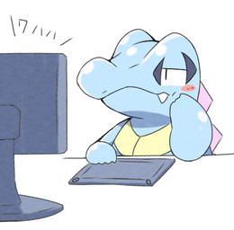 ambiguous_gender blue_body blush computer electronics half-closed_eyes narrowed_eyes simple_background solo tatu_wani nintendo pokemon crocodilian generation_2_pokemon pokemon_(species) reptile scalie totodile 2021 hi_res