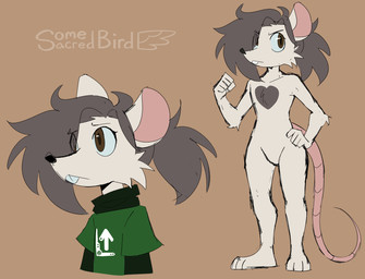 anthro black_long_sleeved_shirt brown_background brown_eyes brown_hair clothing eye_through_hair fur green_clothing green_shirt green_t-shirt green_topwear hair hair_over_eye hand_on_hip hand_on_own_hip heart_(marking) humanoid_hands long_sleeve_shirt male markings pink_inner_ear plantigrade shirt simple_background solo t-shirt tail topwear translucent translucent_hair white_body white_fur somesacredbird mammal mouse murid murine rodent 2026 digital_drawing_(artwork) digital_media_(artwork) english_description hi_res