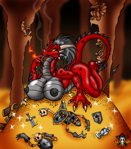 anthro armor big_breasts black_hair bone breasts corpse death female fire gold_(metal) hair headgear helmet horn huge_breasts looking_at_viewer melee_weapon nipples non-mammal_breasts non-mammal_nipples nude polearm shield skeleton solo spear sword tail weapon yellow_eyes lordstevie mythology dragon mythological_creature mythological_scalie scalie hi_res