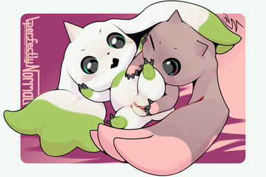 ambiguous_gender blush blush_lines bodily_fluids chibi duo female female/ambiguous fingering genital_fluids genitals hand_on_cheek lying one_eye_closed open_mouth penetration vaginal vaginal_fingering vaginal_fluids vaginal_penetration vulva perfectlynormal bandai_namco digimon digimon_(species) lopmon terriermon 2025 3:2 absurd_res hi_res