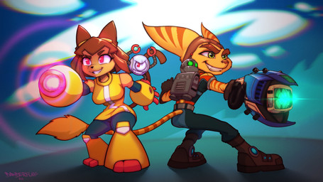 anthro belt boots breasts brown_body brown_fur brown_hair clothing eyebrows eyelashes female footwear fur gloves green_eyes group gun hair handwear machine male ranged_weapon robotic_arm shoes smile stripes weapon yellow_body yellow_fur danderfull gameoverse ratchet_and_clank sony_corporation sony_interactive_entertainment clank_(ratchet_and_clank) kit_(gameoverse) ratchet_(ratchet_and_clank) domestic_cat felid feline felis lombax mammal robot 16:9 2026 absurd_res hi_res widescreen