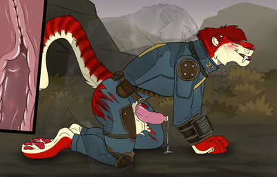 all_fours anal anal_penetration anthro anthro_on_feral anthro_penetrated balls bestiality big_fangs bite blue_bodysuit blue_clothing blue_skinsuit blush bodily_fluids bodysuit clothed clothing cum cum_string duo erection fangs feral feral_penetrating feral_penetrating_anthro from_behind_position fur genital_fluids genitals green_eyes hair invisible looking_pleasured male male/male male_anthro male_feral male_on_feral male_penetrated male_penetrating male_penetrating_male mating_grip mounting narrowed_eyes open_mouth penetration penile penile_penetration penile_spines penis penis_in_ass pink_penis plant quadruped red_body red_fur red_hair red_tongue sex short_hair shoulder_bite shrub side_view skinsuit teeth tight_clothing tongue torn_bodysuit torn_clothing torn_skinsuit translucent translucent_body yellow_balls yellow_body yellow_fur killthe_demon fallout microsoft angel_(velvetvlade) samantha_(nava) felid mammal night_stalker_(fallout) hi_res