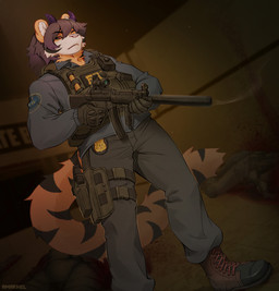anthro biped blood bodily_fluids bottomwear clothed clothed_anthro clothed_male clothing death front_view fully_clothed fully_clothed_anthro fully_clothed_male fur gun hair inside male ranged_weapon solo standing stripes tail topwear weapon amarihel felid feline mammal 2026 digital_drawing_(artwork) digital_media_(artwork) hi_res