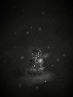 ambiguous_gender anthro biped dark darkness feet fluffy fur glowing holding_lighter holding_object light lighter sad simple_background sitting sitting_on_ground solo tail toes tangerinefox casualties:_unknown canid canine expie_(gunsawian) gunsawian hybrid mammal murid rodent 2026 absurd_res chalk_(artwork) charcoal_(artwork) graphite_(artwork) greyscale hi_res monochrome traditional_media_(artwork)