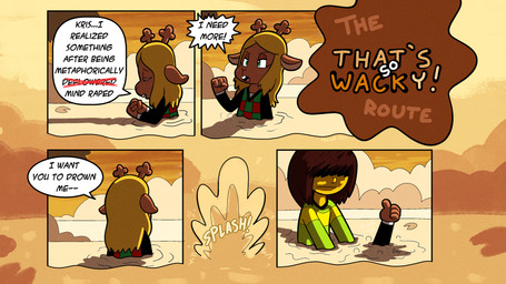 antlers asphyxiation brown_body brown_fur brown_hair clothing dialogue drowning female fur hair horn parody peril shirt speech_bubble spoiler_alert text topwear water trevor-fox deltarune undertale_(series) kris_dreemurr noelle_holiday deer human mammal 16:9 comic english_text hi_res widescreen