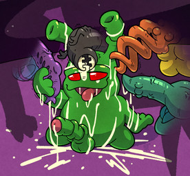 4_balls alien_genitalia balls bodily_fluids bukkake cosmic_background cum cum_covered cum_on_body cum_on_face cum_on_ground disembodied_penis erection foreskin genital_fluids genitals group handjob kneeling knot knotted_penis male messy mostly_offscreen_character multi_balls multi_genitalia partially_retracted_foreskin penile penis penis_everywhere penis_on_head sex silhouette silhouette_background solo_focus space space_background surrounded_by_penises unusual_anatomy unusual_genitalia unusual_penis vein veiny_penis argon_vile neopets alien grundo neopet_(species) hi_res