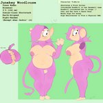 anthro areola balls breasts eyeliner fur genitals gynomorph hair heart_symbol intersex makeup nipples penis pink_body pink_fur pink_hair short_stack slightly_chubby solo tail text woodlouse_(artist) juneky_(artybozu) haplorhine mammal monkey primate 1:1 english_text hi_res model_sheet trans_(lore) trans_woman_(lore)