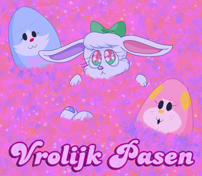 accessory anthro band-aid band-aid_on_knee band-aid_on_leg bandage buried covering easter_egg egg female fur green_bow hair_accessory holidays looking_at_viewer purple_nose solo sparkles sparkling_eyes text white_body white_fur young young_female saltypupcake easter lagomorph leporid mammal rabbit digital_media_(artwork) dutch_text hi_res