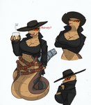 ammo_belt anthro apode arm_under_breasts asking asking_viewer big_breasts blush breasts bullet_belt claws cleavage clothed clothing container cowboy_hat crossgender cup dialogue drinking_glass fangs female forked_tongue front_view glass glass_container glass_cup hat headgear headwear holding_glass holding_object jacket legless looking_at_viewer mtf_crossgender non-mammal_breasts serpentine side_view simple_background skull_and_crossbones small_waist solo tail_gun talking_to_viewer teeth thick_thighs tongue tongue_out topwear venom white_background wide_hips yes-no_question pace-maker rango_(movie) rango rattlesnake_jake draconcopode naga pit_viper rattlesnake reptile scalie snake viper hi_res multiple_images