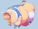 bell belly big_belly big_butt bodily_fluids bow_ribbon butt clothing female feral hooves huge_belly melee_weapon morbidly_obese obese overweight solo sweat sweatdrop sword tearing_clothing teats text torn_clothing transformation udders weapon wide_hips subakitsu kasumi_(doa) bovid mammal