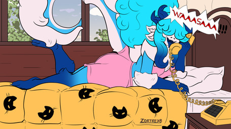 anthro bed big_butt blue_hair blue_tongue breasts butt clothing covered_eyes dialogue electronics fluffy fluffy_tail furniture hair hair_over_eye horn long_hair long_tail lying mane multicolored_body on_front phone plant sky small_breasts tail text tongue tongue_out tree two_tone_body zortrex cloudy_(zortrex) domestic_cat felid feline felis mammal myceelidos_(zortrex) hi_res