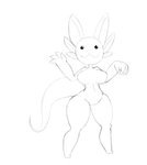 anthro big_breasts breasts featureless_breasts featureless_crotch featureless_feet feet female gesture looking_at_viewer multi_ear navel simple_eyes solo standing tail thick_tail thick_thighs waving bit-small amphibian axolotl marine mole_salamander salamander black_and_white hi_res monochrome sketch