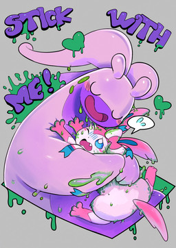 ambiguous_gender blush bodily_fluids bow_ribbon duo eyes_closed fangs feral heart_symbol hug one_eye_closed open_mouth paws slime squeezing sweat sweatdrop teeth text wink powerandy nintendo pokemon eeveelution generation_6_pokemon goodra pokemon_(species) sylveon absurd_res hi_res