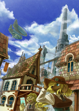 aircraft airship alternative_fashion belt blonde_hair blue_eyes brown_eyes building city clothed clothing cloud detailed_background duo dutch_angle female hair hat headgear headwear house map necktie open_mouth scenery_porn steampunk tower vehicle window yoona canid canine canis domestic_dog felid lion mammal pantherine