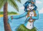 anthro beach big_breasts blue_body blue_fur blue_hair breasts canid canine clothed clothing convenient_censorship detailed_background female floral flower flower_garland fox fur garland grass_skirt green_eyes hair hula krystal_(star_fox) lei mammal navel nintendo outside palm_tree plant sand seaside sky solo star_fox topless tree vani-fox white_body white_fur