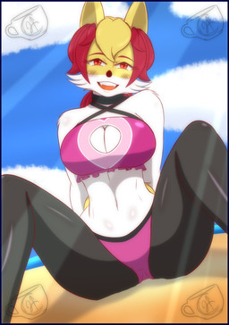 anthro anthrofied beach bikini blue_border blue_sky border choker cleavage_cutout clothing cloud criss-cross_bikini cutout day female female_anthro humanoid_face jewelry magenta_bikini necklace outside pokemorph red_eyes sitting sky smile smiling_at_viewer solo spread_legs spreading swimwear thick_thighs two-piece_swimsuit white_body wide_hips pok-zone nintendo pokemon braixen canid canine generation_6_pokemon mammal pokemon_(species) hi_res