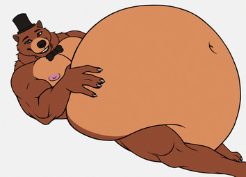 5_fingers anthro belly belly_grab big_belly black_eyebrows black_nose blue_eyes bow_tie brown_body brown_fur claws clothing deep_navel eyebrows fingers fur grey_claws happy hat headgear headwear huge_belly hyper hyper_belly looking_at_viewer lying male morbidly_obese morbidly_obese_anthro morbidly_obese_male navel nipples obese obese_anthro obese_male on_back overweight overweight_anthro overweight_male pink_nipples simple_background smile solo teeth top_hat white_background blojack_(artist) five_nights_at_freddy's scottgames freddy_(fnaf) bear mammal hi_res