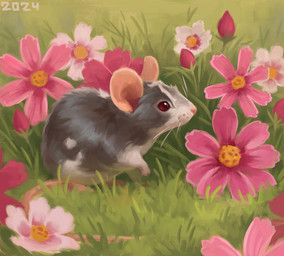 ambiguous_gender feral flower fur grass grey_body grey_fur long_tail pink_ears pink_flower pink_nose pink_tail plant red_eyes solo tail whiskers white_body white_fur alexpahomov mammal mouse murid murine rodent 2024
