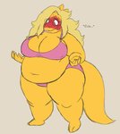 alphys anthro barefoot belly big_belly big_breasts blonde_hair blush bodily_fluids bra breasts buckteeth cleavage clothed clothing cobalt_bloatad deep_navel embarrassed english_text eyewear feet female front_view frown glasses hair hi_res huge_breasts lizard looking_at_self looking_down love_handles navel nervous nipple_outline non-mammal_breasts obese obese_anthro obese_female overweight overweight_anthro overweight_female panties reptile scales scalie simple_background solo standing surprise swallowing sweat teeth text thick_thighs three-quarter_view undertale undertale_(series) underwear wide_hips worried yellow_body yellow_scales