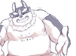 3_eyes 5_fingers anthro clothed clothing eyes_closed fingers fur grey_body grey_fur humanoid_hands male multi_eye multicolored_body multicolored_fur musclegut muscular muscular_anthro muscular_male shirt simple_background slightly_chubby slightly_chubby_male smile solo topwear two_tone_body two_tone_fur white_background white_body white_fur cddi_h lifewonders tokyo_afterschool_summoners tsathoggua_(tas) monster 4:3 signature