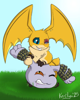 bands blue_eyes bodily_fluids bruised bruised_eye crying drooling duo ear_piercing ear_pull female feral grass head_wings male piercing plant red_eyes saliva sharp_teeth sky tears teeth unusual_wing_placement wings kerilyn bandai_namco digimon sigsegv digimon_(species) pagumon patamon hi_res