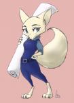 anthro barefoot belt biped blue_eyes bottomwear breasts claws clothed clothing feet female fully_clothed hand_on_hip holding_object inner_ear_fluff medium_breasts pants pink_background simple_background solo toe_claws tuft marema_kishin disney zootopia skye_(zootopia) arctic_fox canid canine fox mammal true_fox 2019 digital_media_(artwork) hi_res