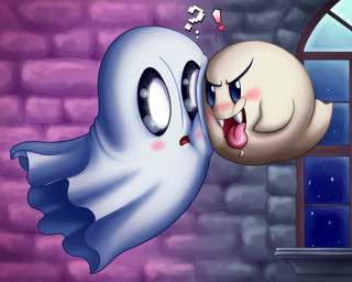 ambiguous_gender bedsheet_ghost blush bodily_fluids cheek_to_cheek cute_fangs duo fangs inside mischievous narrowed_eyes not_furry open_mouth punctuation_marks question_mark round_body saliva teeth tongue tongue_out window badday_(artist) mario_bros nintendo undertale undertale_(series) napstablook boo_(mario) ghost spirit crossover hi_res