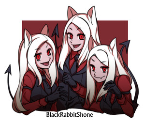blonde_hair clothing costume female gloves group hair handwear raised_tail red_eyes smile tail blackrabbitshone helltaker cerberus_(helltaker) animal_humanoid humanoid hi_res
