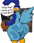 anthro ball basketball_(ball) beak bedroom_eyes big_butt blue_body blue_feathers butt crossgender feathers female huge_butt looking_at_viewer looking_back narrowed_eyes nude seductive simple_background solo tail tail_feathers text thick_thighs white_background lewdewott looney_tunes warner_brothers road_runner_(looney_tunes) avian bird cuculiform greater_roadrunner new_world_ground_cuckoo roadrunner digital_media_(artwork) hi_res