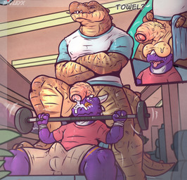 anthro anthro_on_anthro balls balls_on_face barbell bent_leg big_balls big_muscles big_penis bodily_fluids bottomless bottomless_anthro bottomless_male bottomwear bulge clothed clothing crossed_arms cum cum_on_face cutaway dialogue duo erection erection_under_clothing exercise eyes_closed flaccid foreskin genital_fluids genitals gym half-erect horn humanoid_genitalia humanoid_penis inside male male/male muscular muscular_anthro muscular_male non-mammal_balls open_mouth penis saggy_balls scales sexercise shirt shorts sitting size_difference smile standing sweat sweaty_balls sweaty_genitalia tail teeth tenting text these_aren't_my_glasses thick_penis tongue tongue_out topwear vein weightlifting workout baileyx mythology crocodile crocodilian dragon mythological_creature mythological_scalie reptile scalie 2024 absurd_res english_text hi_res meme signature