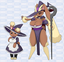 3_toes 4_fingers anthro big_breasts black_eyes breasts brown_body cane clothing dress duo feet female fingers fur hat headgear headwear huge_breasts lopunnite mega_stone pokeball red_eyes toes witch_hat yellow_body yellow_fur urusee584 nintendo pokemon buneary generation_4_pokemon lopunny pokemon_(species) absurd_res hi_res