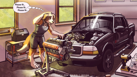 anthro car clothed clothing garage inside looking_worried male motor_vehicle overhead_lighting solo standing sunset tools vehicle vehicle_interior sydney_onmars general_motors gmc canid canine canis domestic_dog mammal 16:9 2026 4k absurd_res hi_res widescreen