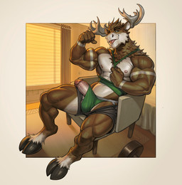 abs anthro antlers athletic_wear balls bedroom brown_body brown_fur bulge clothed clothing erection flexing flexing_bicep fur genitals gym hair horn humanoid_genitalia humanoid_penis jockstrap looking_at_viewer male male_anthro muscular muscular_anthro muscular_male nipples nude pecs penis penis_poking_out shirt sitting smile solo stretched_clothing tank_top teasing teasing_viewer tongue tongue_out topwear underwear white_penis edvardiko biff_the_moose cervine deer mammal moose new_world_deer absurd_res digital_drawing_(artwork) digital_media_(artwork) hi_res portrait shaded