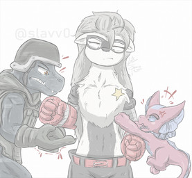 anthro armor belt blue_body blue_scales bottomwear clothing cross-popping_vein cybernetic_arm cybernetic_limb female fur gloves grey_body grey_fur grey_hair group hair handwear headgear helmet mask pants pink_body pink_scales scales teeth text trio white_body white_fur yellow_eyes slavv0 bandai_namco digimon digimon_beatbreak commandramon digimon_(species) elizamon wolvermon 2026 artist_name digital_media_(artwork) hi_res