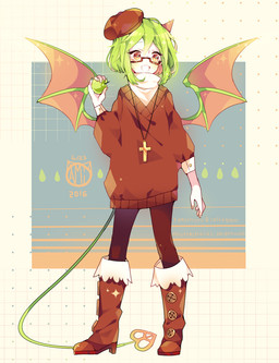 abstract_background apple boots brown_eyes clothed clothing cross cross_necklace eyewear female food footwear fruit fully_clothed glasses green_hair hair happy hat headgear headwear holding_food holding_object horn jewelry leggings legwear membrane_(anatomy) membranous_wings necklace not_furry pattern_background plant shoes simple_background smile solo spade_tail spread_wings standing sweater tail topwear turtleneck wings kamochiruu deep_sea_prisoner funamusea the_gray_garden yosafire_(the_gray_garden) demon demon_humanoid horned_humanoid humanoid winged_humanoid hi_res