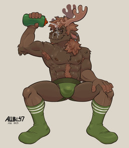 abs anthro antlers arm_tuft armpit_hair biceps biped body_hair bottle brown_body brown_fur brown_hair brown_nipples bulge clothing container deltoids detailed_bulge droplets ear_piercing elbow_tuft eyes_closed footwear forearm_muscles front_view fur green_clothing green_footwear green_jockstrap green_socks green_underwear hair hand_on_knee hand_on_leg happy_trail horn industrial_piercing jockstrap long_hair male male_anthro mostly_nude_male muscular muscular_male nails nipples pecs piercing shoulder_tuft simple_background sitting socks solo squeezing_bottle text tuft underwear water water_bottle wet white_background alibi_47 bramble_(y2critter) deer mammal moose new_world_deer 2025 artist_name dated hi_res signature