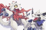 ambiguous_gender anthro black_claws cape claws clothing duo happy horn kerchief sharp_teeth simple_background smile teeth white_background white_body kira_dra_h bandai_namco digimon digimon_ghost_game digimon_(species) gammamon hackmon 3:2 hi_res