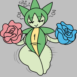 big_breasts breasts butt dancing eyelashes eyes_closed female flower green_body grey_background motion_lines petals plant pseudo_hair shaking shaking_butt simple_background solo thick_thighs toni_oni nintendo pokemon elemental_creature flora_fauna generation_3_pokemon humanoid pokemon_(species) roselia 1:1 signature